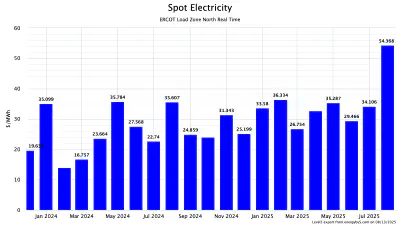 ERCOT spot electricity at North load zone, monthly averages from January 2024 through August 2025