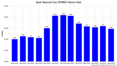 Spot natural gas at NYMEX Henry Hub, monthly averages