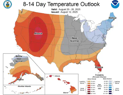 NOAA 8-14 day temperature outlook, issued August 12, 2025