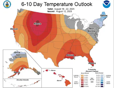 NOAA 6-10 day temperature outlook, issued August 12, 2025